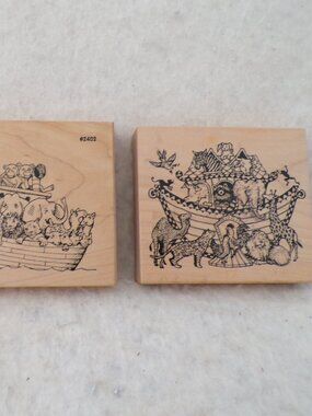 2 Noah's Ark Wooden Rubber Stamps New